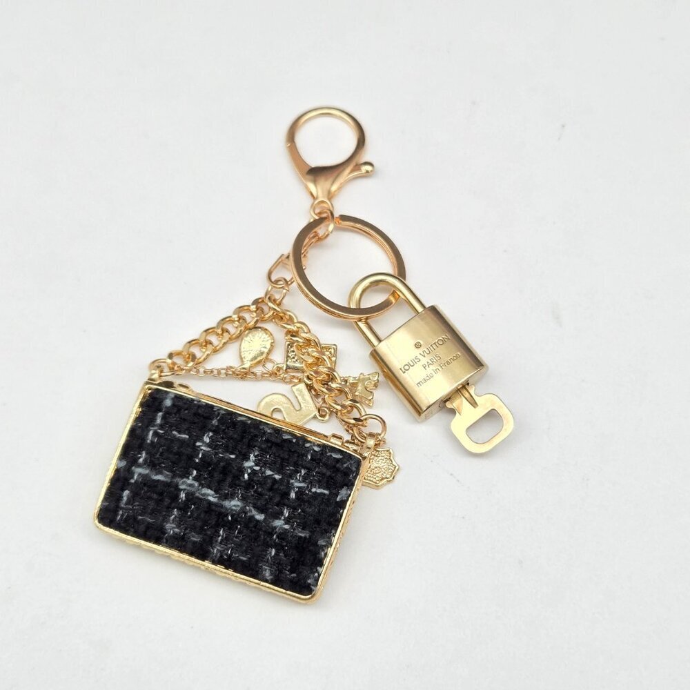 Authentic Louis Vuitton Padlock & Key Gold ✨Unbranded Tweed Bag Charm Keychain - Picture 3 of 5